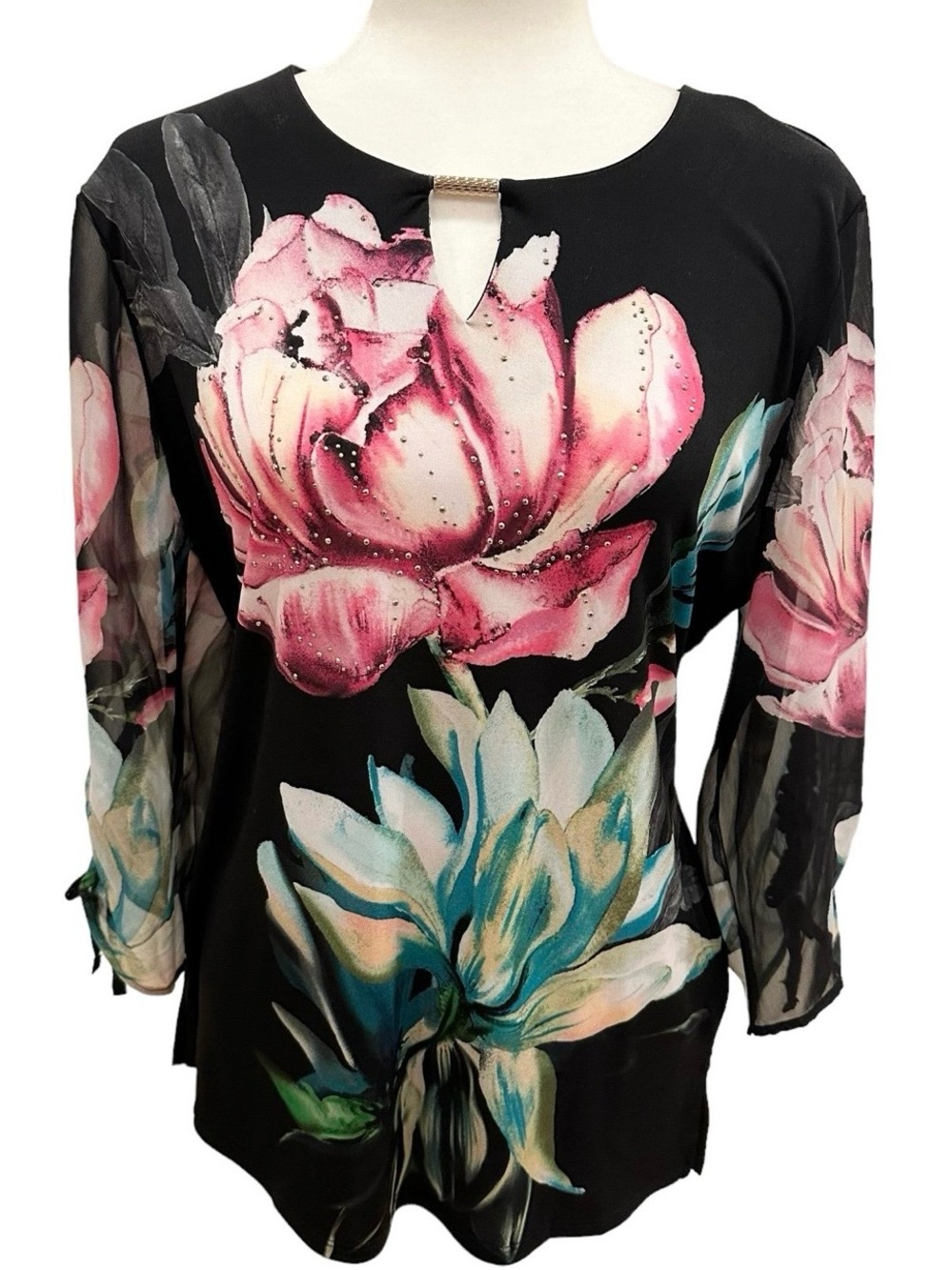 JM Collection Black Floral Studded Blouse Size P/L